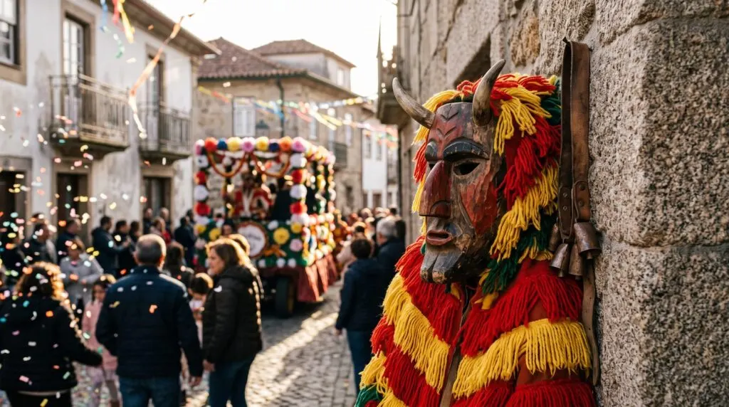 Máscara de careto em madeira com franjas vermelhas, amarelas e verdes encostada a uma parede de granito, com um carro alegórico e confetes numa rua de aldeia ao fundo (ilustração)