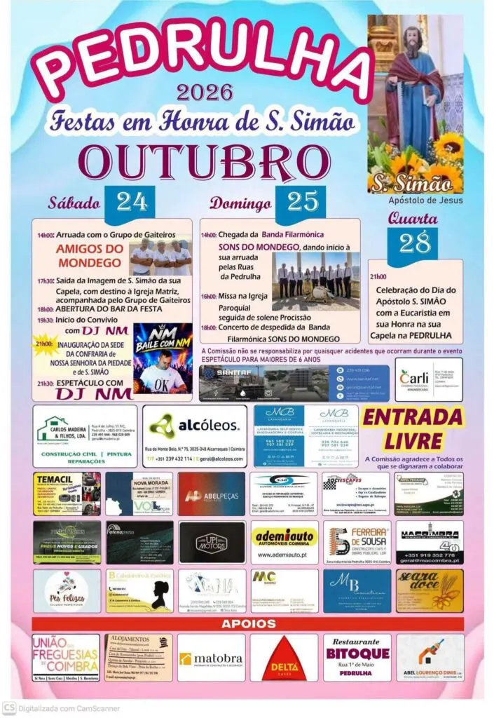 Cartaz oficial das Festas em Honra de S. Simão 2026 na Pedrulha, a 24, 25 e 28 de outubro