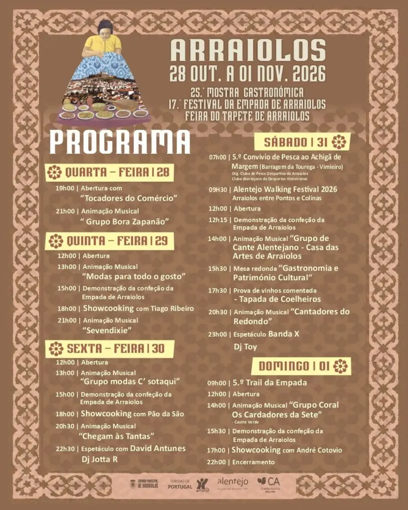Programa oficial da 25.ª Mostra Gastronómica, 17.º Festival da Empada e Feira do Tapete de Arraiolos, de 28 de outubro a 1 de novembro de 2026