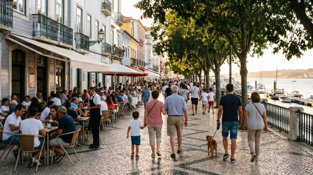 Passeio ribeirinho em calçada portuguesa com esplanadas cheias, famílias a passear com crianças e um cão, e barcos no rio ao fim da tarde (ilustração)
