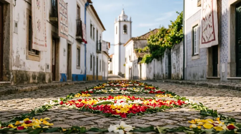 Tapete de pétalas vermelhas, amarelas e brancas numa rua empedrada de vila, com casas caiadas, colchas nas janelas e uma torre sineira branca ao fundo (ilustração)