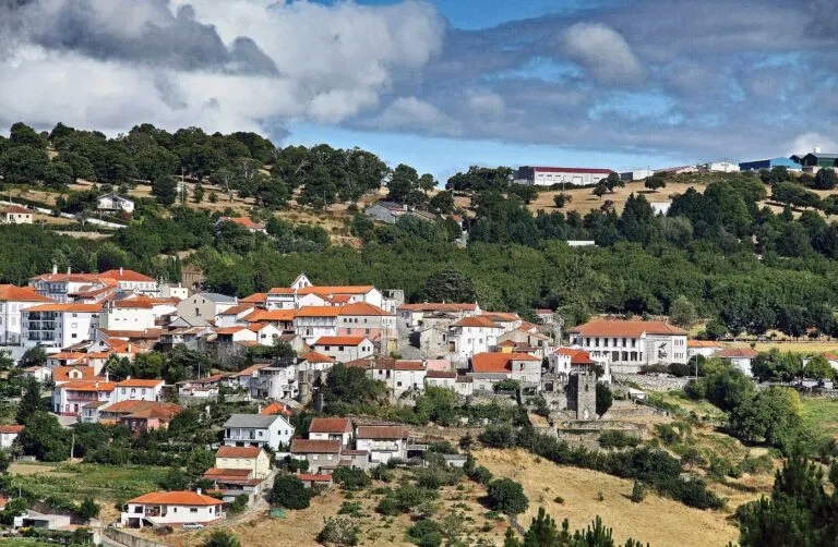 Vista da vila de Vinhais numa encosta, com casas de telhados vermelhos, a torre do castelo e soutos por cima
