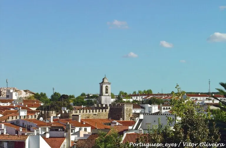 Vista de Borba, com o castelo e a torre da igreja entre os telhados